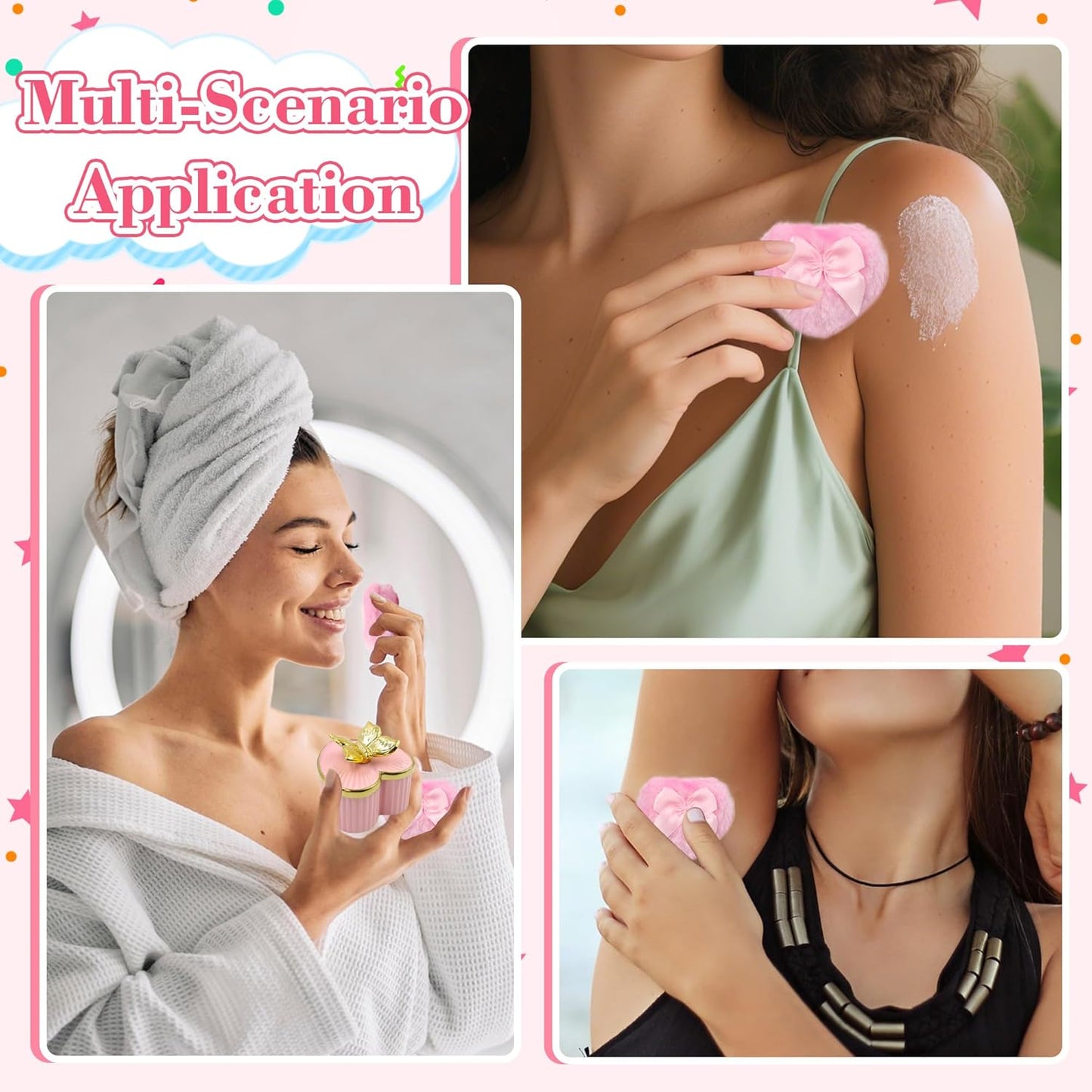 Large Body Powder Puff and Container, Ceramics Dusting Powder Container with 2 PCS Washable Heart Shaped Body Puff, Butterfly Dusting Case for Wet and Dry Makeup (Pink)