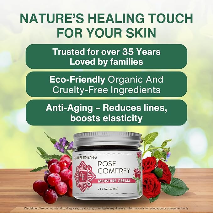 Four Elements 4E Rose Comfrey Moisture Cream, a Natural Non-Greasy Organic Cream that help Soothe and Calm your Skin, 2 OZ