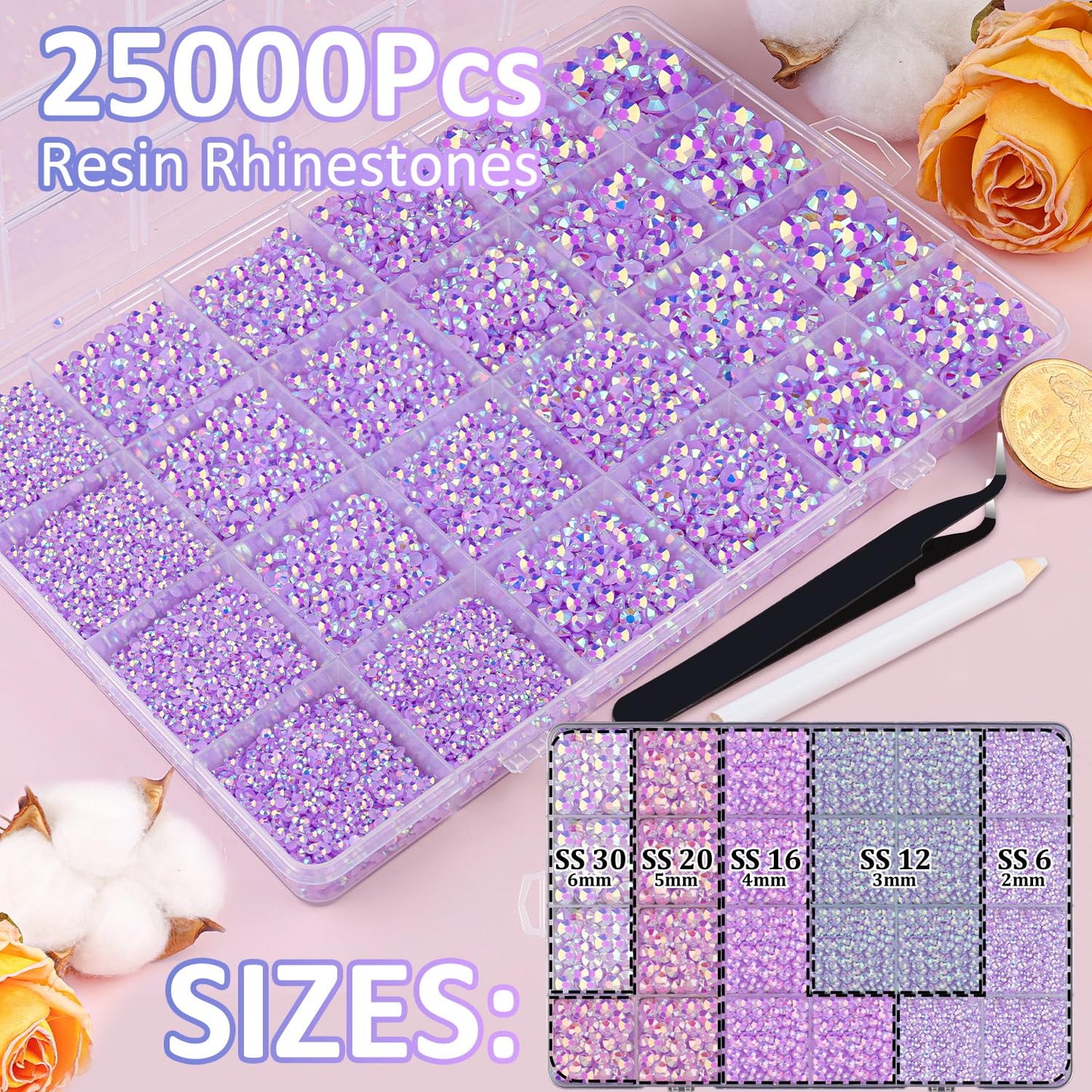 25000Pcs Resin Jelly Rhinestones for Crafting, Lavender Purple AB 2-6mm Mixed Sizes Non Hotfix Flatback Gems, Bedazzling Crystal for DIY Crafts Clothing Tumblers Mugs Shoes Fabric Nail Art