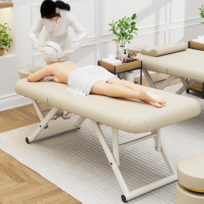 Dolonm Height Adjustable Massage Table with Face Pillow & Headrest for Treatment Table, Physical Therapy Table, Spa Facial Professional Massage Bed - Adjustable Backrest, Beige Gray