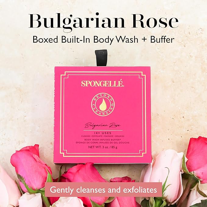 Spongelle Bulgarian Rose Wild Flower Buffer Body Scrubber with Box | Bath & Shower Loofah for Women | Exfoliator with Body Wash Infused | 14+ uses