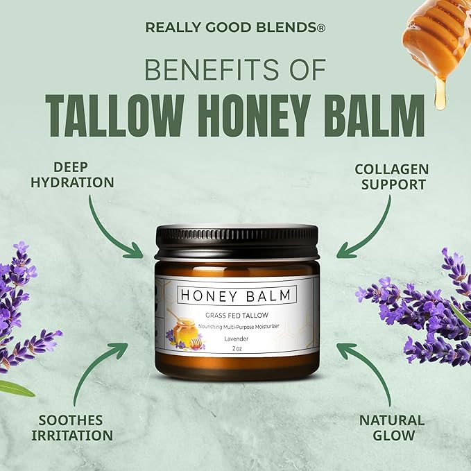 Tallow and Honey Balm, Organic Body Butter, Grass-Fed Beef Tallow for Skin, Soothing All-Natural Moisturizer for Body and Face | Made in USA - 2 oz (Lavender)