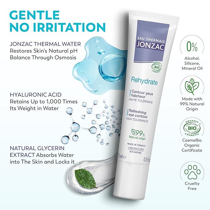 Rehydrate Organic Refreshing Eye Contour Cream - Soothing Hydration with Hyaluronic Acid For Dark Circles -For Sensitive Skin 0.5 Fl Oz