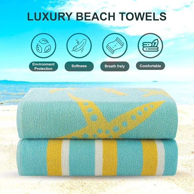CASA COPENHAGEN Miami Bath Sheets Designed in Denmark Rough and Tough, Quick Dry, for Pool, Bath & Shower 35"x70", 2 Pieces Cotton Beach Towels Set - Star Fish Teal + Yellow Stripe