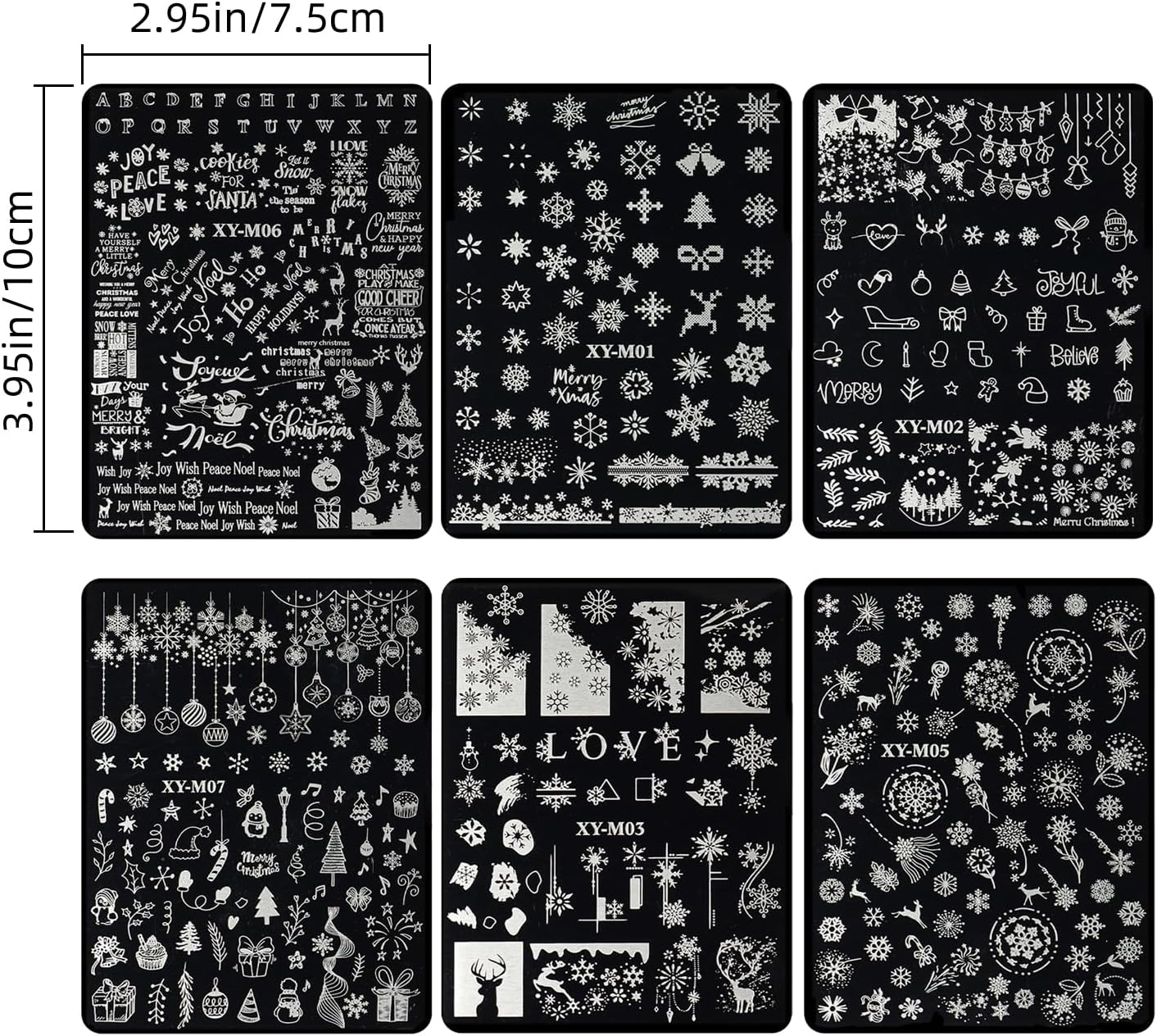6Pcs Christmas Stamping Plates Set Winter Nail Stamp Kit Xmas Art Image Plates With Snowflakes Tree Bell Snowman Elk Designs DIY Stainless Steel Polish Template