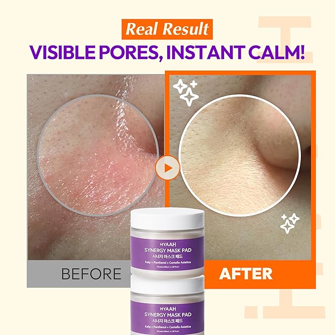 Synergy Mask Pad - Korean Face Toner Pads with Kelp Seaweed Extract, Cica, Panthenol and Ectoin - Calming, Hydrating, Pore Refining - Soft Cotton Pad for Sensitive Skin, 60 Pads