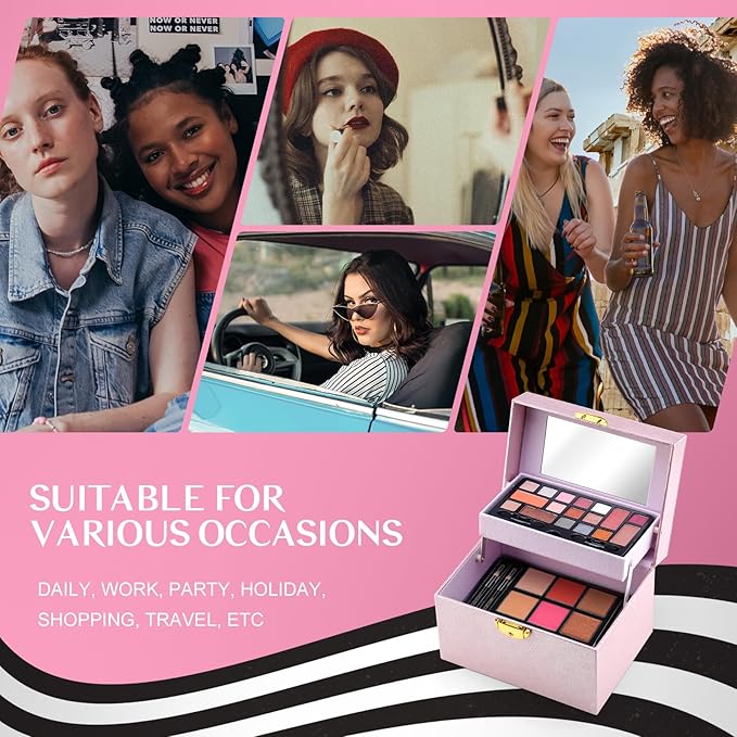 Color Nymph Beginner Makeup Kit For Teens, Girls Makeup kits With Recyclable And Key-Lockable Cabinet Included 17-Colors Eyeshadows Blushes Bronzer Highlighter Lipstick Brushes Mirror(Pink)