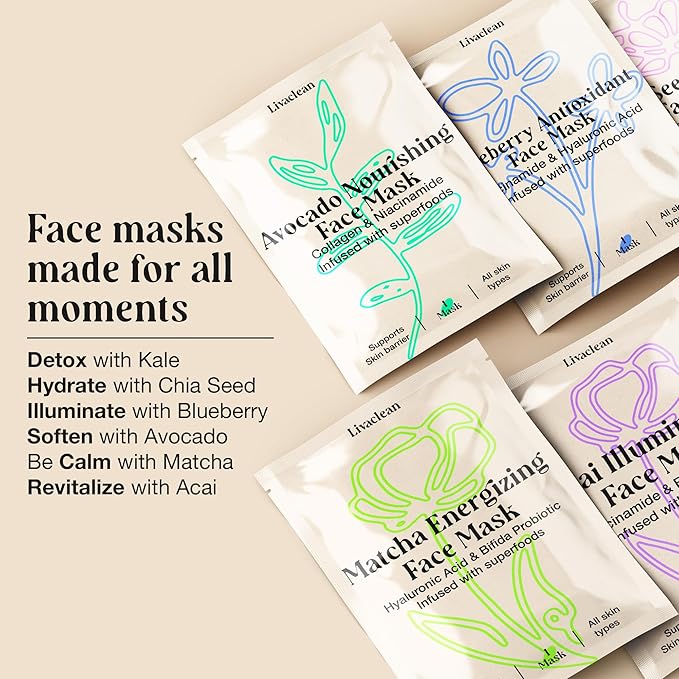 LivaClean 12 CT Face Masks Skincare - Collagen Sheet Mask - Hydrating Face Masks Bulk with Glycerin, Hyaluronic Acid, Aloe Vera - Soothing, Refreshing, Moisturizing Formula for All Skin Types