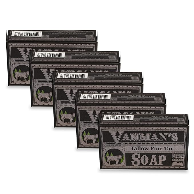 VanMan Tallow & Pine Tar Soap Bar – Grass-Fed Beef Tallow with Organic Oatmeal, Charcoal & Essential Oils – Exfoliating Face & Body Soap, 3.8oz - 5 Pack