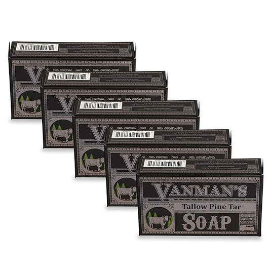 VanMan Tallow & Pine Tar Soap Bar – Grass-Fed Beef Tallow with Organic Oatmeal, Charcoal & Essential Oils – Exfoliating Face & Body Soap, 3.8oz - 5 Pack
