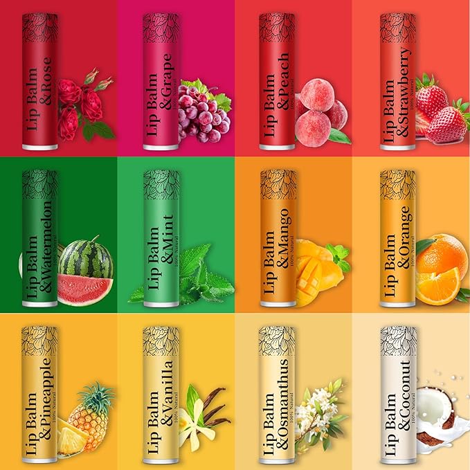 84 Pack of Lip Balm, 12 Flavored Lip Balms Natural Organic Vitamin E Lip Balm Pack for Dry Cracked Lips, Moisturising Lip Balm Bulk Gifts Stocking Stuffers Party Favors(4.2g/0.15oz)