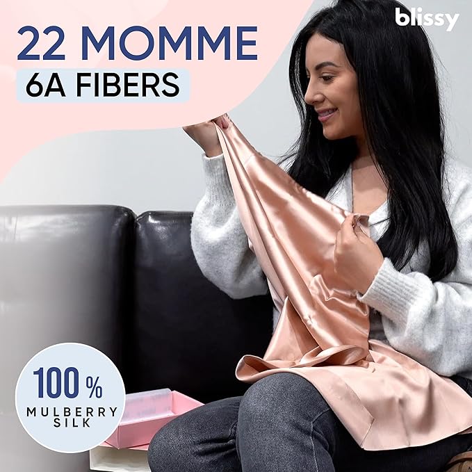 Blissy Silk Pillowcase - 100% Pure Mulberry Silk - 22 Momme 6A High-Grade Fibers - Silk Pillow Cover for Hair & Skin - Regular, Queen & King (Rose Gold, King)