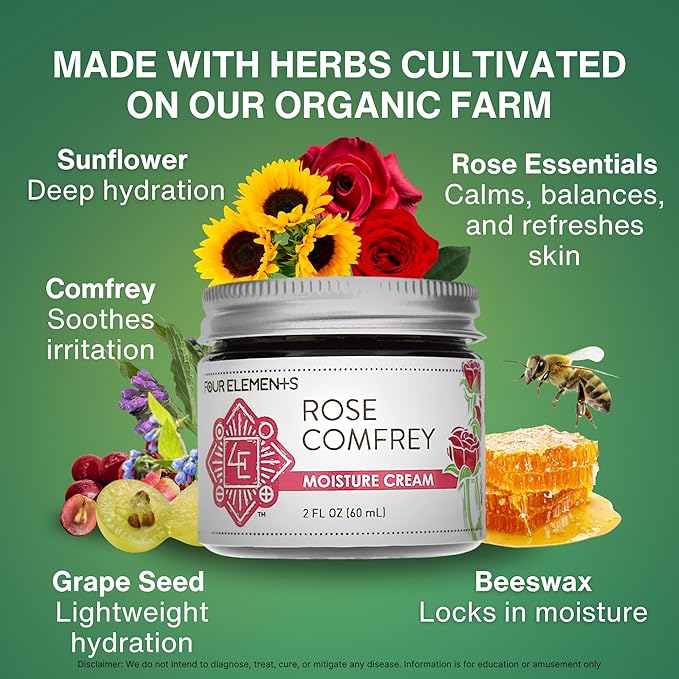 Four Elements 4E Rose Comfrey Moisture Cream, a Natural Non-Greasy Organic Cream that help Soothe and Calm your Skin, 2 OZ