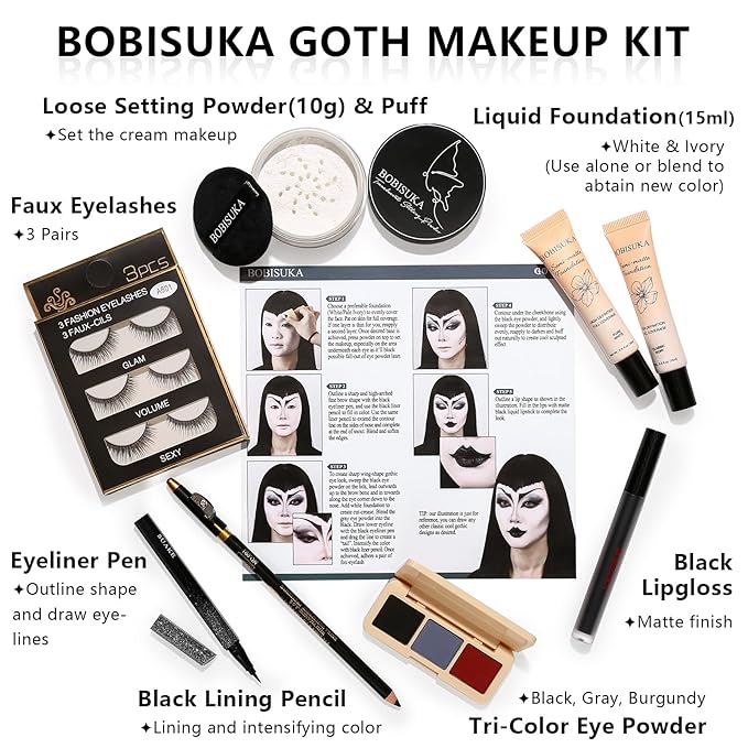 Halloween Goth Makeup, Complete Goth Make Up Set with White Foundation, Black Lipstick, Dark Smokey Eyeshadow Kit for SFX Gothic Makeup, Cosplay, Costume Party, Theater and Film