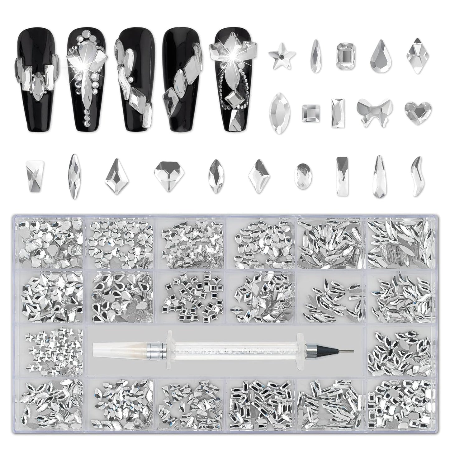 Nail Art Rhinestones, Nail Gems and Rhinestones Kit with Wax Pencil 1000 Pcs Flatback Rhinestones for Nails Decorations, Crafts, Makeup, Face, Clothes, Shoes