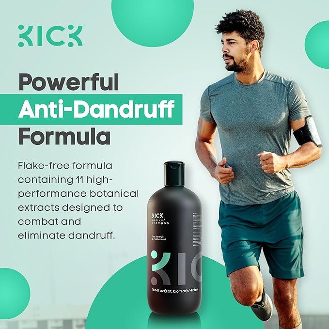 Kick Mens Shampoo - Peppermint & Tea Tree for Oil Control - Sulfate-Free, Refreshing Formula - Anti-Dandruff and Scalp Soothing - Shampoo for Oily Hair - Cruelty-Free - 16.6oz