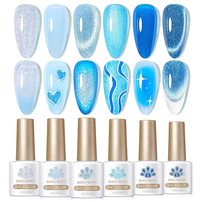 Born Pretty Gel Nail Polish Blue Series,Jelly Transparent,Cat Magnetic Eye,Shimmer Glitter Holographic Blue Gel Polish Kit for Salon Manicure and Nail Art DIY at Home 6Colors