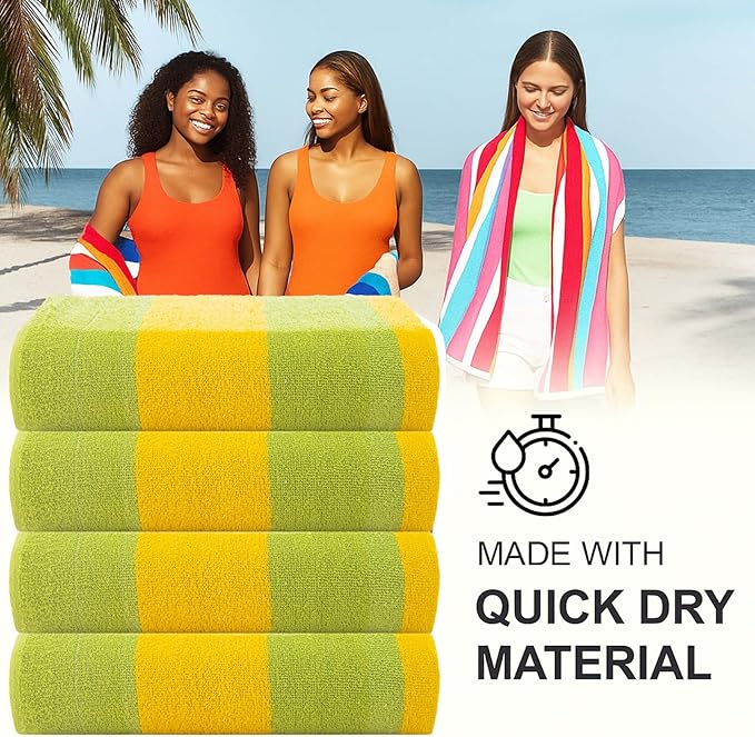CASA COPENHAGEN Malibu Beach Towels Designed in Denmark Rough and Tough, Quick Dry, for Pool, Bath & Shower 30x60 inches 4 Pieces Cotton Beach Bath Towels Set - Green