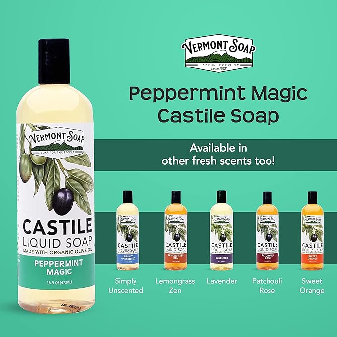 Vermont Castile Soap Peppermint, Gentle Liquid Soap for Sensitive Skin & Natural Body Wash, Organic Hair Shampoo for Oily Hair, Aloe Castile Soap for Men & Women - 16 Oz