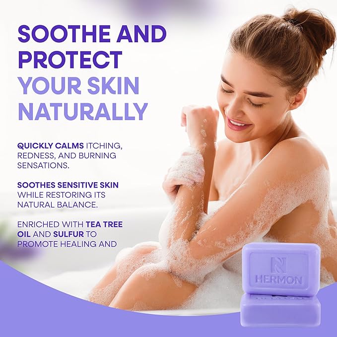 Hermon Antifungal Soap with Tea Tree Oil: Antifungal Bar Soothing Care & Relief of Itchy for Ringworm Jock Itch Tinea Versicolor Athletes Foot - Body & Face Wash - Lavender
