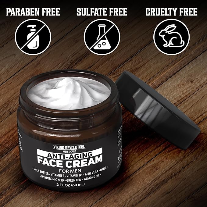 Viking Revolution Mens Anti Aging Face Cream - Mens Face Moisturizer for Men with Hyaluronic Acid, Aloe Vera, Vitamin E - Wrinkle Cream for Men with Vitamin B5, Green Tea (2 Fl Oz)