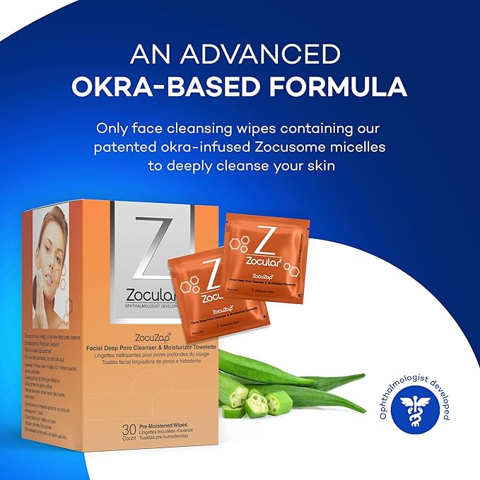 Zocular - ZocuZap Acne Face Wipes - Moisturizing Face Cleansing Wipes for Acne, Makeup Removal, and Exfoliation with Natural Okra Complex for Sensitive, Rosacea Skin - 30/ct