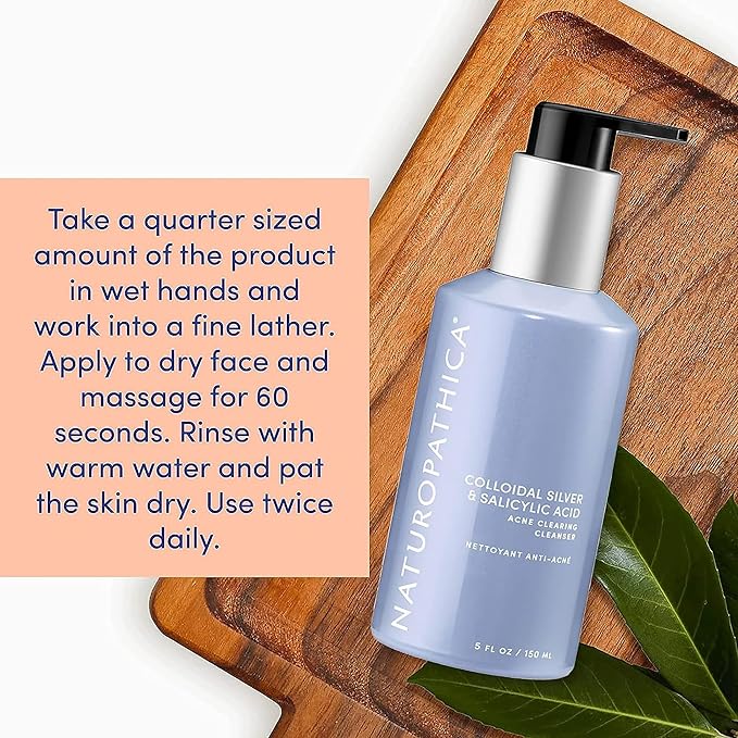 Naturopathica Colloidal Silver and Salicylic Acid Acne Clearing Cleanser, Reduce Blemishes and Acne Scars, Clarifying Face Wash for Men and Women, 5 fl oz