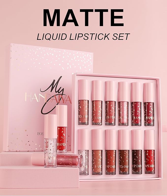 12 Colors Book Style Velvet Matte Liquid Lipstick Christmas Gift Set Long-Lasting Non-Stick Cup Not Fade Shimmer Nude Lip Gloss Thanks For the Love Lip Set (Set C)