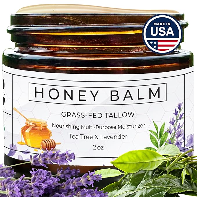 Tallow and Honey Balm, Organic Body Butter, Grass-Fed Beef Tallow for Skin, Soothing All-Natural Moisturizer for Body and Face | Made in USA - 2 oz (Tea Tree & Lavender)