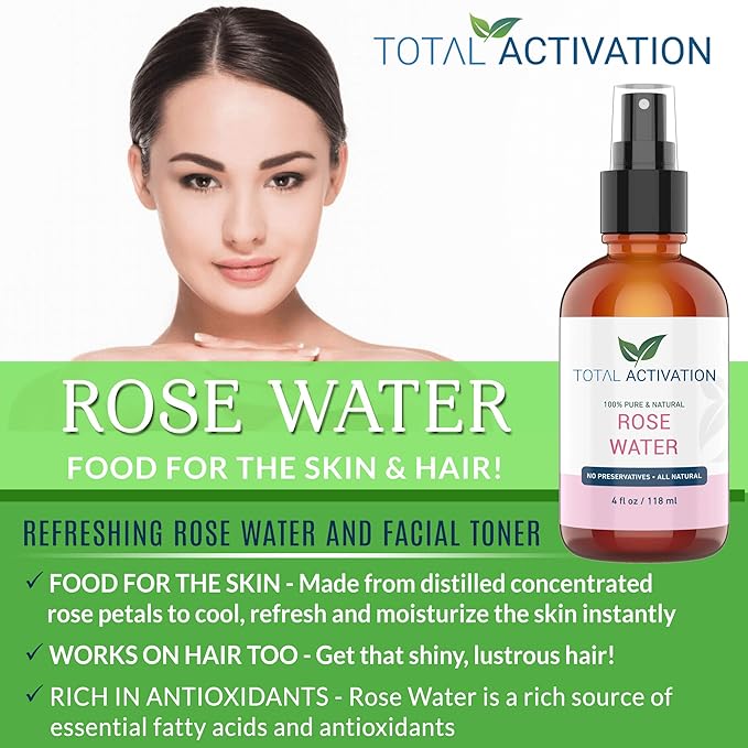 Large 4 oz 100% Pure, Organic Moroccan Rose Water Spray Face Toner, Skin Body Hair Spray, Eye Makeup Remover Alcohol Free Toner Minimizes Scar Hydrating Soothing Mist for Dry Oily Combination Skin