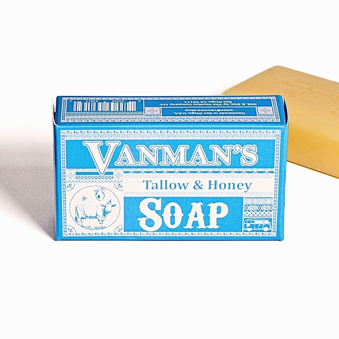 VanMan Beef Tallow and Honey Bar Soap – Pure Grass-Fed Beef Tallow for Skin with Raw Honey & Distilled Water, Unscented Soap, Hydrating & Nourishing, Clean Ingredients, 3.8oz - 1 Pack