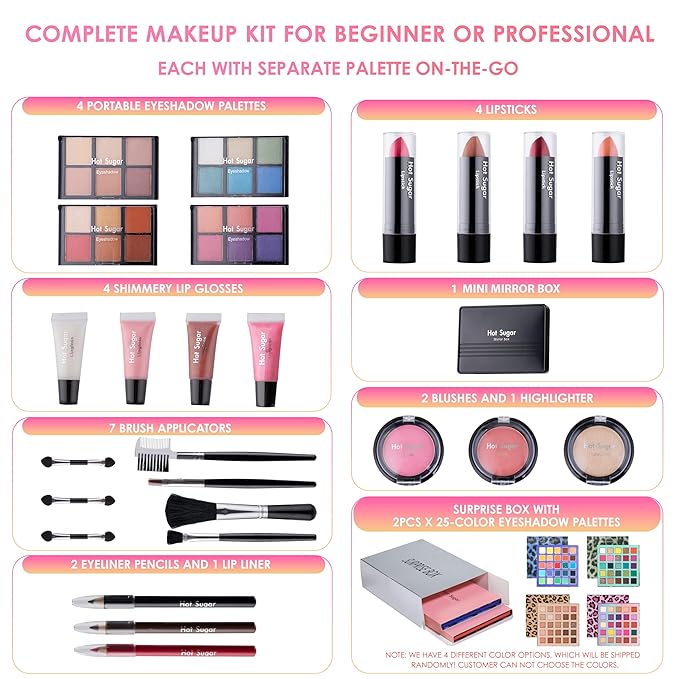 Hot Sugar Makeup Set for Teen Girls Ages 10-12, All in One Beginner Makeup Kit for Women, Cosmetics Gift Set for Birthday Christmas (Clear02)