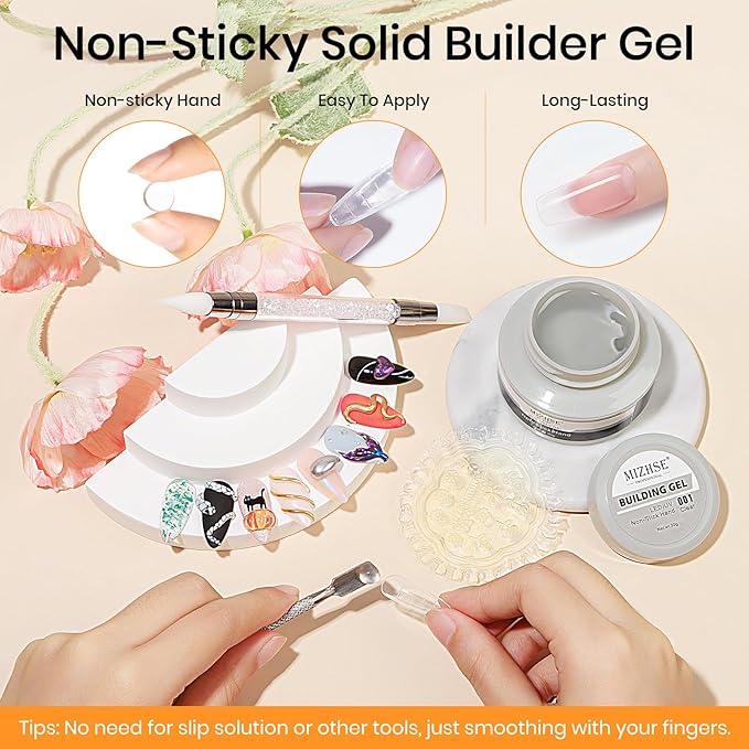 MIZHSE Solid Builder Gel - 1 oz Clear Non Stick Hand Hard Gel with 6 Colors Chrome Nail Powder and Nail Form Extension Kit for Salon and Home DIY