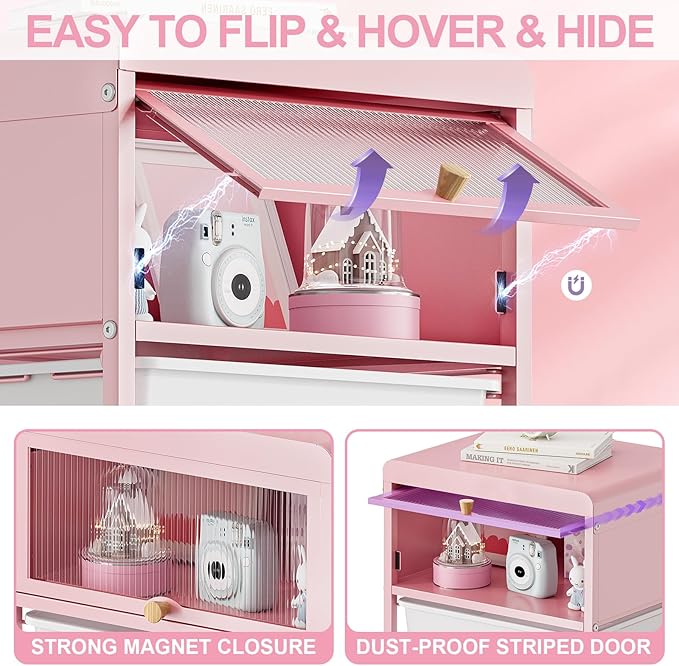 Utility-Rolling-Storage-Drawer-Craft-Cart-Organizers with 4 Drawers & Dust-Proof Door for Kid Craft Art Room,Bedroom,Home Office, Classroom, Rose Pink