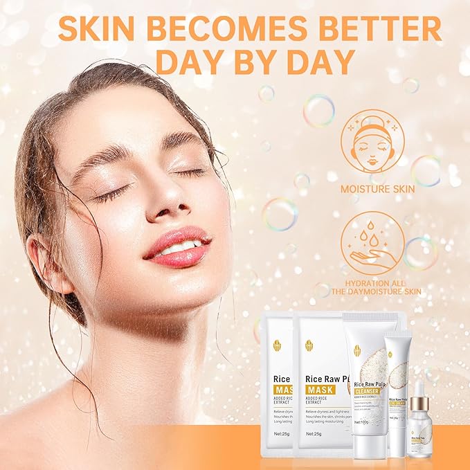 Rice Skin Care Sets For Women, 5/6Pcs Skin Care Kit, Moisturizing Skin Care Gift Set , Face Care Kit Inclusde Rice Mask, Cleanser, Toner, Lotion, Eyecream, Face Serum (5pcs Rice Raw Pulp)