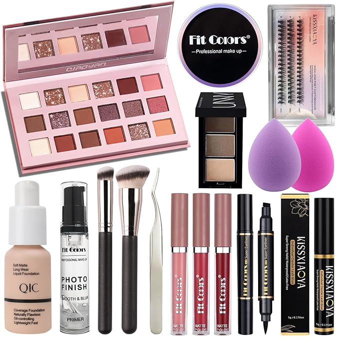 All In One Makeup Essential Starter Kit for Beginners or Pros, 18 Colors Naked Eyeshadow Palette Nude Face Primer, Brush, Sponge, Eyebrow Powder, Winged Eyeliner Stamp (SetA)