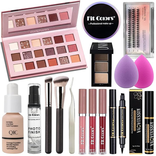 All In One Makeup Essential Starter Kit for Beginners or Pros, 18 Colors Naked Eyeshadow Palette Nude Face Primer, Brush, Sponge, Eyebrow Powder, Winged Eyeliner Stamp (SetA)