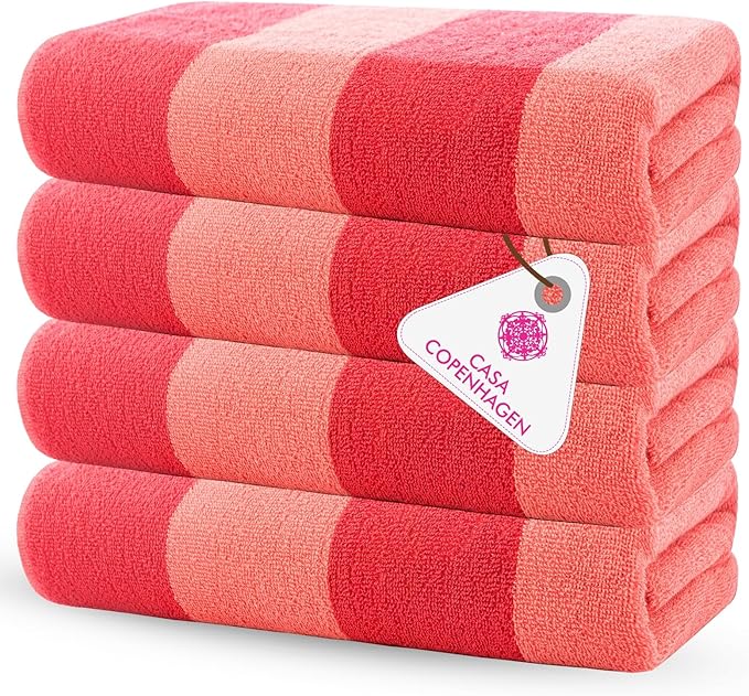 CASA COPENHAGEN Malibu Beach Towels Designed in Denmark Rough and Tough, Quick Dry, for Pool, Bath & Shower 30x60 inches 4 Pieces Cotton Beach Bath Towels Set - Pink