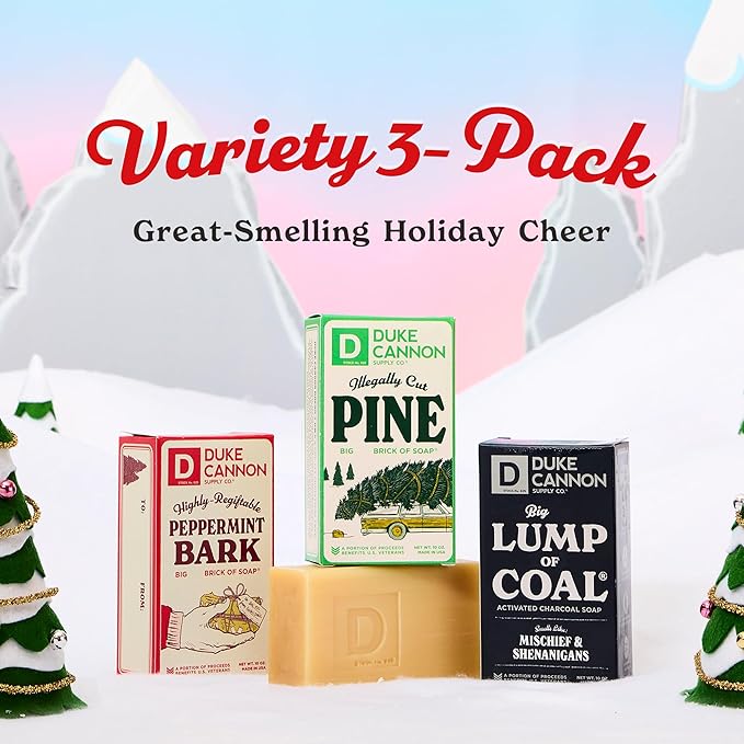 Duke Cannon Supply Co. Big Brick of Soap Bar For Men - Lump of Coal, Illegally Cut Pine & Peppermint Bark, Holiday Variety 3 Pack, 10 oz. Bar Soaps