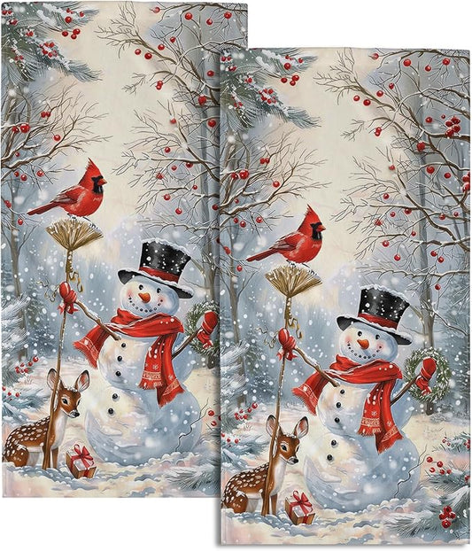 Giwawa Winter Snowman Hand Towels Set of 2 Red Bird Berry Decorative Fingertip Towel Soft Absorbent Bath Towels for Bathroom Kitchen Hotel Spa