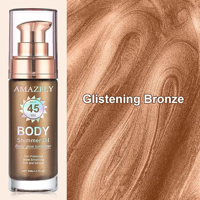 Shimmer Body Oil, SPF 45 Broad Spectrum, Sunscreen Face and Liquid Luminizer Waterproof Moisturizing, Light Shimmer Glow Illuminator, Smooth Body Highlighter Makeup (#03 Glistening Bronze)