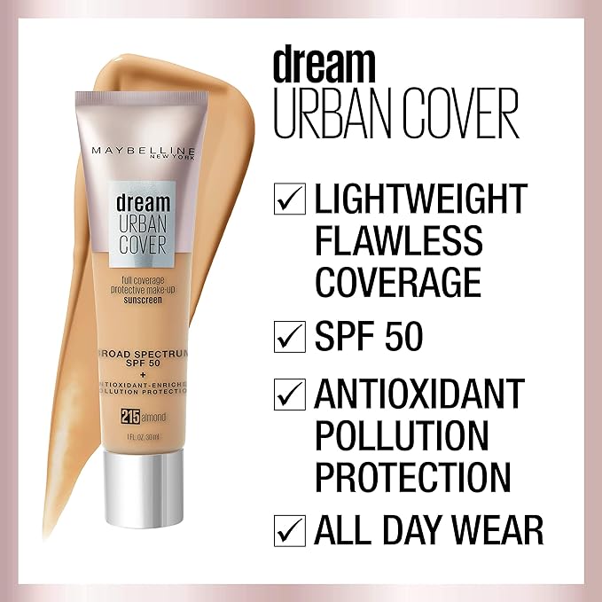 Maybelline Dream Urban Cover Flawless Coverage Foundation Makeup, SPF 50, Fair Porcelain