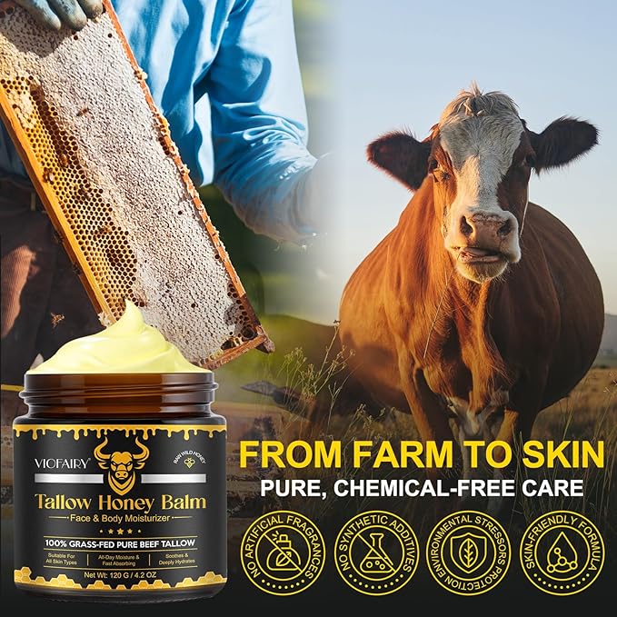 Beef Tallow for skin, Beef Tallow, Hydrating Tallow Balm with Raw Honey and Beeswax, Grass-Fed Beef Tallow & Raw Wild Honey Blend, Body & Face Moisturizer, Natural Formula