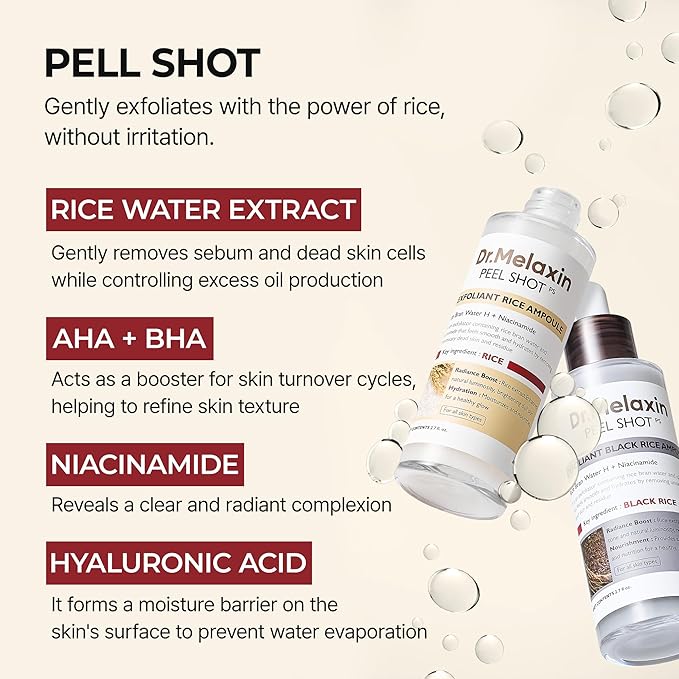 Peel Shot Glow White and Black Rice Ampoule Duo, Soft Exfoliating Face and Body Scrub Dead Skin Cells, Blackheads Remover for All Skin Types