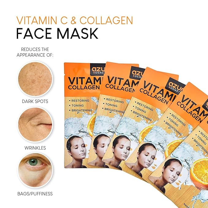 Azure Cosmetics Vitamin C & Collagen Face Mask - Dermatologist Tested Moisturizing Sheet Mask for Dry Skin - Firms, Tones & Smooths Fine Lines - K-Beauty Skincare - Made in Korea - Pack of 10