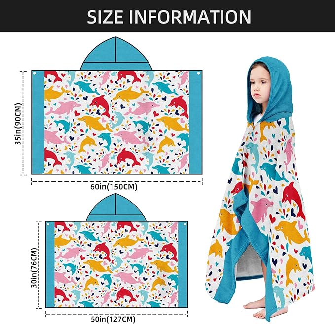 Dolphin Hooded Beach Towel for Boy, 35" x 60" Water Droplets Kids Poncho Bath Towel for Toddler, White & Light Blue Soft Absorbent with Hood for 3-10 Years Bathrobe for Swimming Pool Bath
