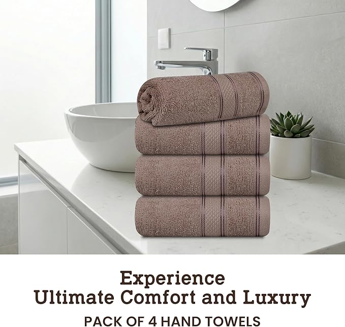 Casa Lino 100% Cotton Hand Towels for Bathroom - Soft, Highly Absorbent & Quick Dry Kitchen Towels - Gym Towel Set - Travel Towel Set - 24" x 16" - Pack of 4 - (Brown)