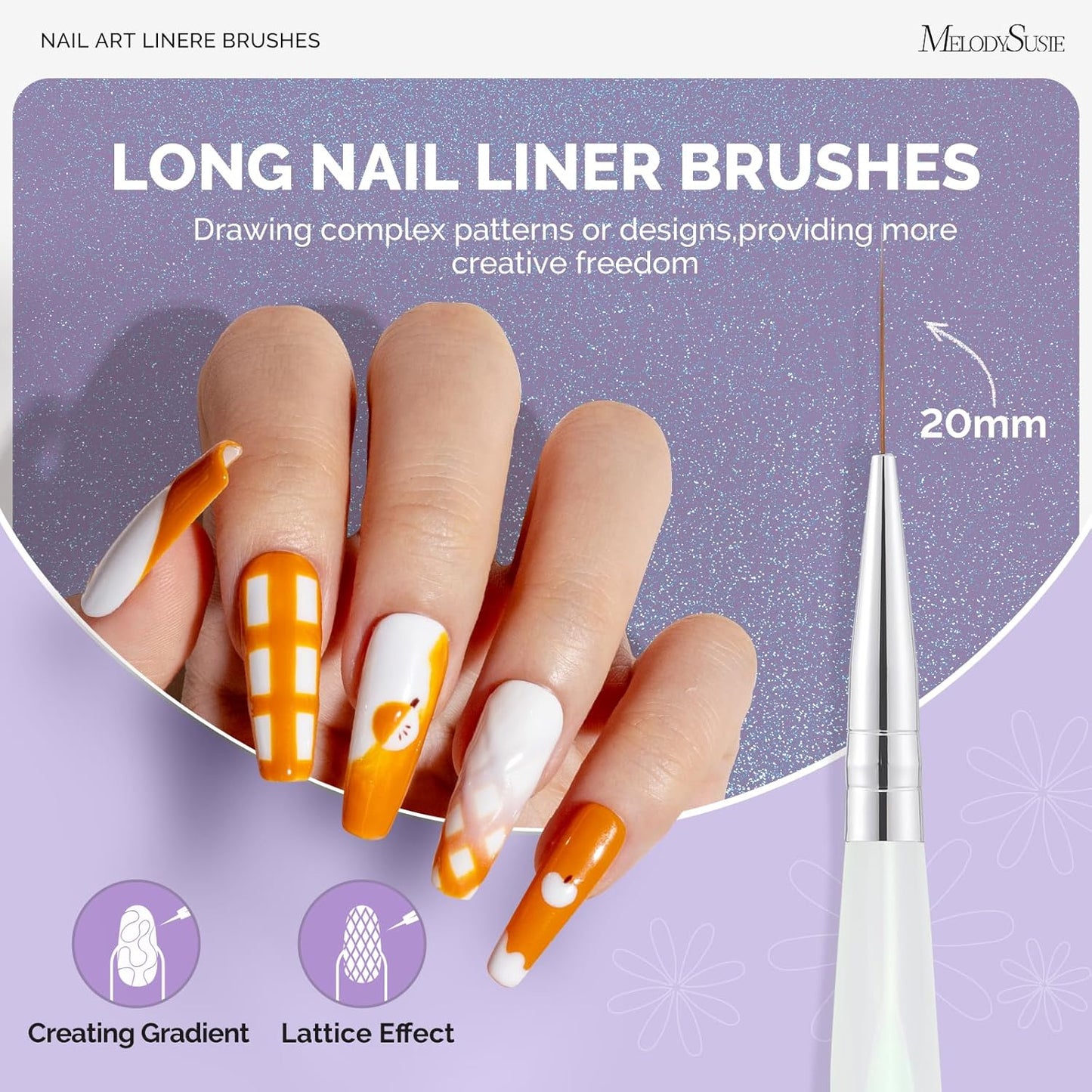 MelodySusie 5Pcs Nail Art Liner Brushes Professional Gel Polish Painting Art Design Pen Set for Thin Long Lines, Tiny Details, Fine Drawing, Delicate Coloring Sizes 5/7/9/11/20mm