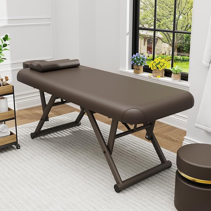 Dolonm Height Adjustable Massage Table with Face Pillow & Headrest for Treatment Table, Physical Therapy Table, Spa Facial Professional Massage Bed - Fixed Backrest, Brown