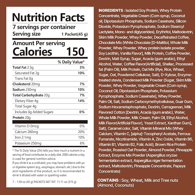 Dolce Latte Protein Shake, 20g Protein, Low Sugar, Keto-Friendly Meal Replacement Shake, 1.59oz, 7packs, With Crunchy Protein balls